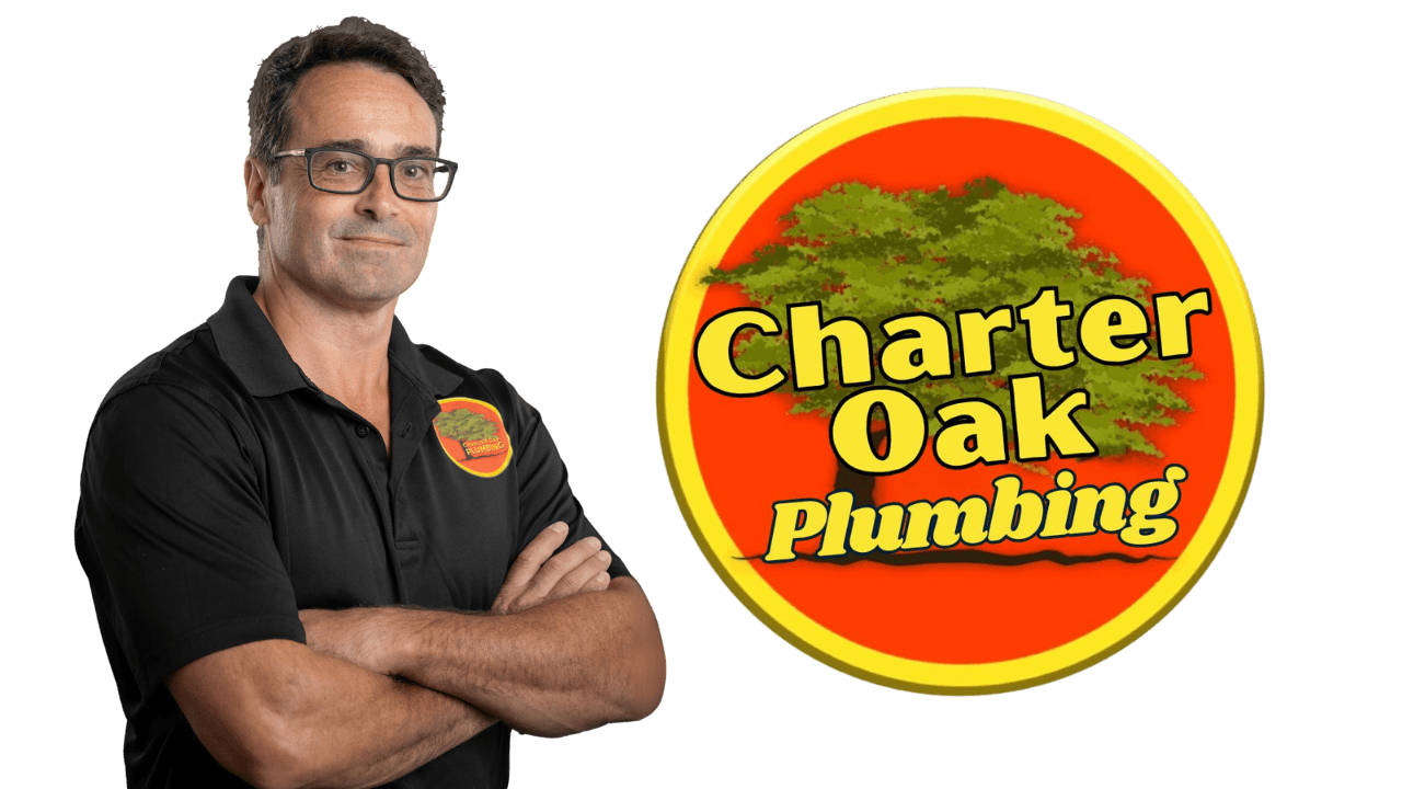 Charter Oak banner Sout tnklss water Owner of Charter Oak Plumbing wearing company uniform, confidently smiling with arms crossed — expert plumber serving Southington, CT and surrounding areas.