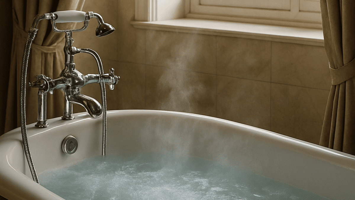 luxury-tub-cropped-horizontal Luxury bathtub filled with steaming hot water, showcasing endless hot water benefits of tankless water heaters in Southington, CT.